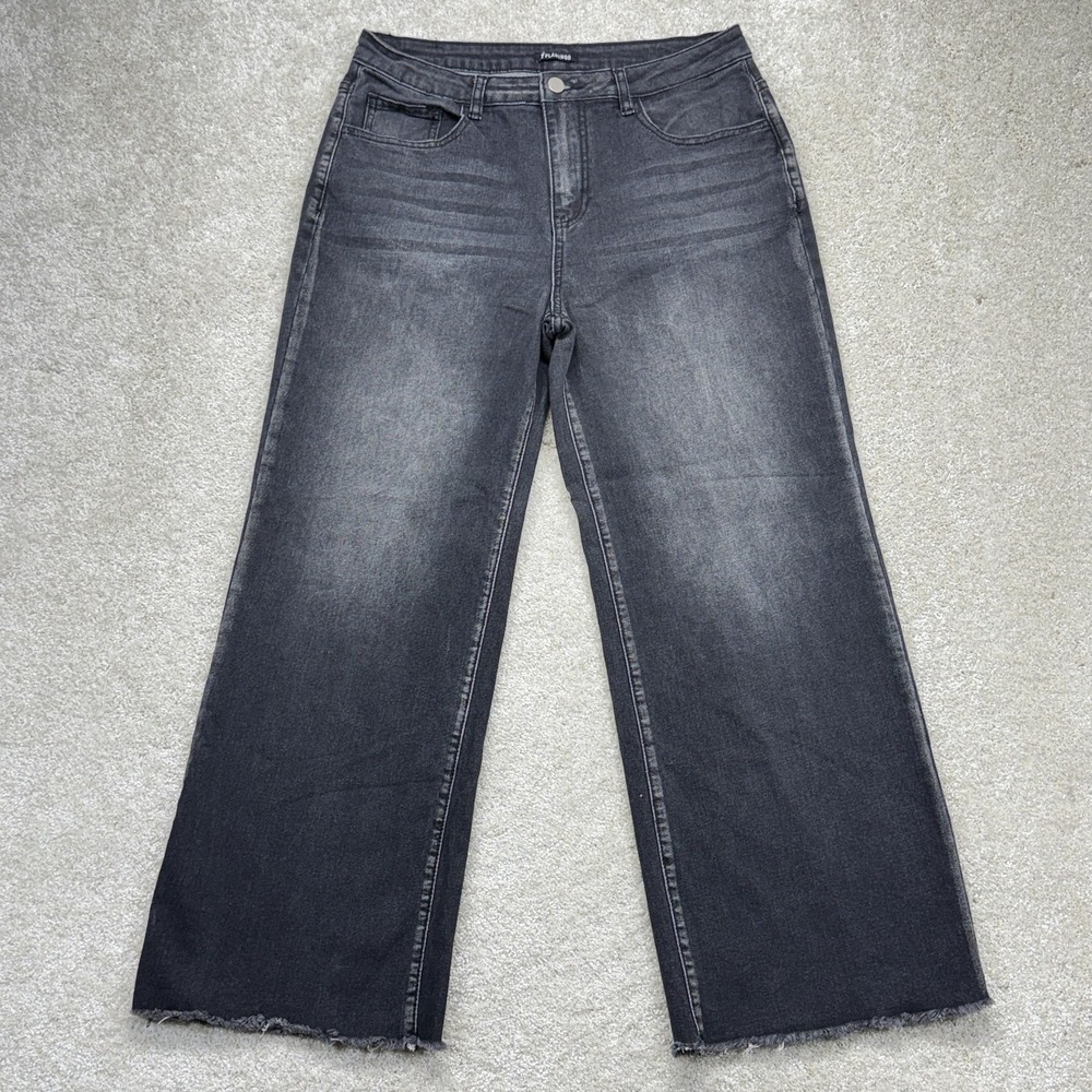 Flamingo Wide-Leg Jeans Womens L Gray Charcoal Wash High Rise Stretch Denim
